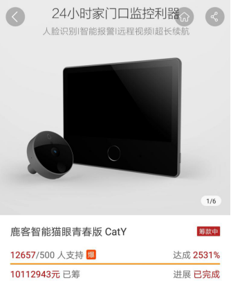 這個(gè)雙11鹿客賣瘋了，智能貓眼新品CatY眾籌狂售12000臺(tái)，銷售額破千萬