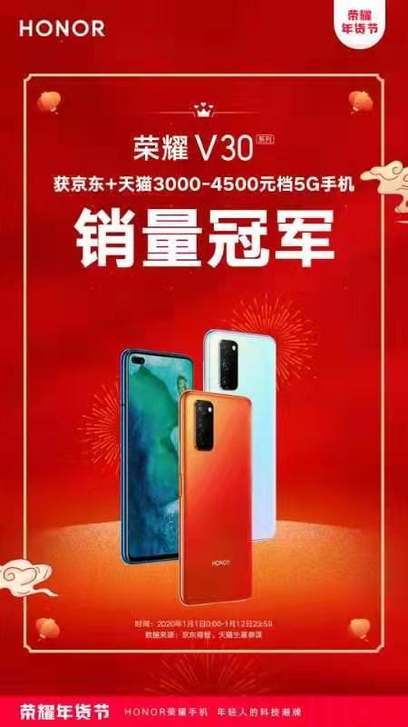 坐實5G爆款！榮耀V30年貨節(jié)榮獲京東、天貓雙平臺5G手機銷量冠軍